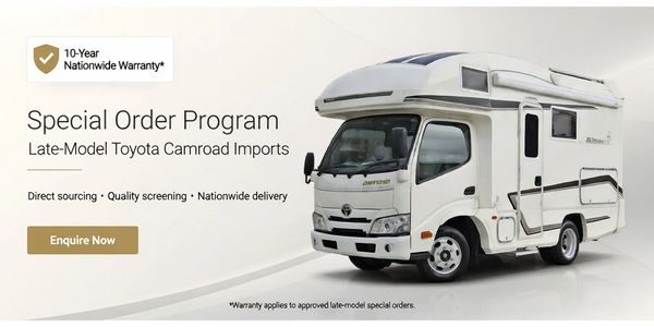 Toyota Camroad Special Order Program banner with 10-year nationwide warranty and enquire now button.
