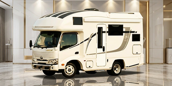 Late-model Toyota Camroad motorhome in a modern showroom setting
