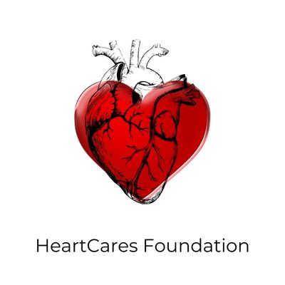 a fictional and anatomy of the human heart overlapping. HeartCares Foundation is written below. 