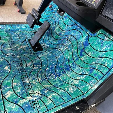 Golf cart front deck with blue, green, white EVA foam deck and Double Trouble logo