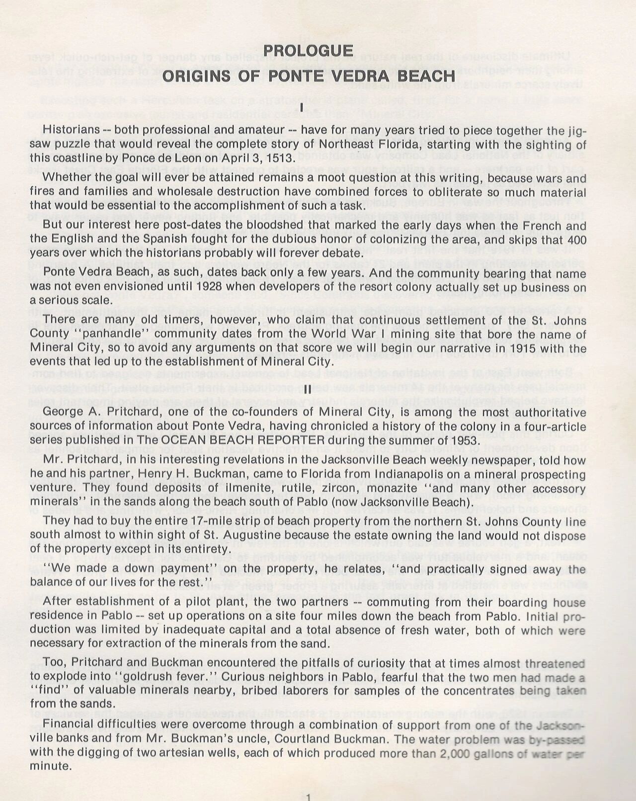 Text discussing origins of Ponte Vedra Beach and Mineral City.