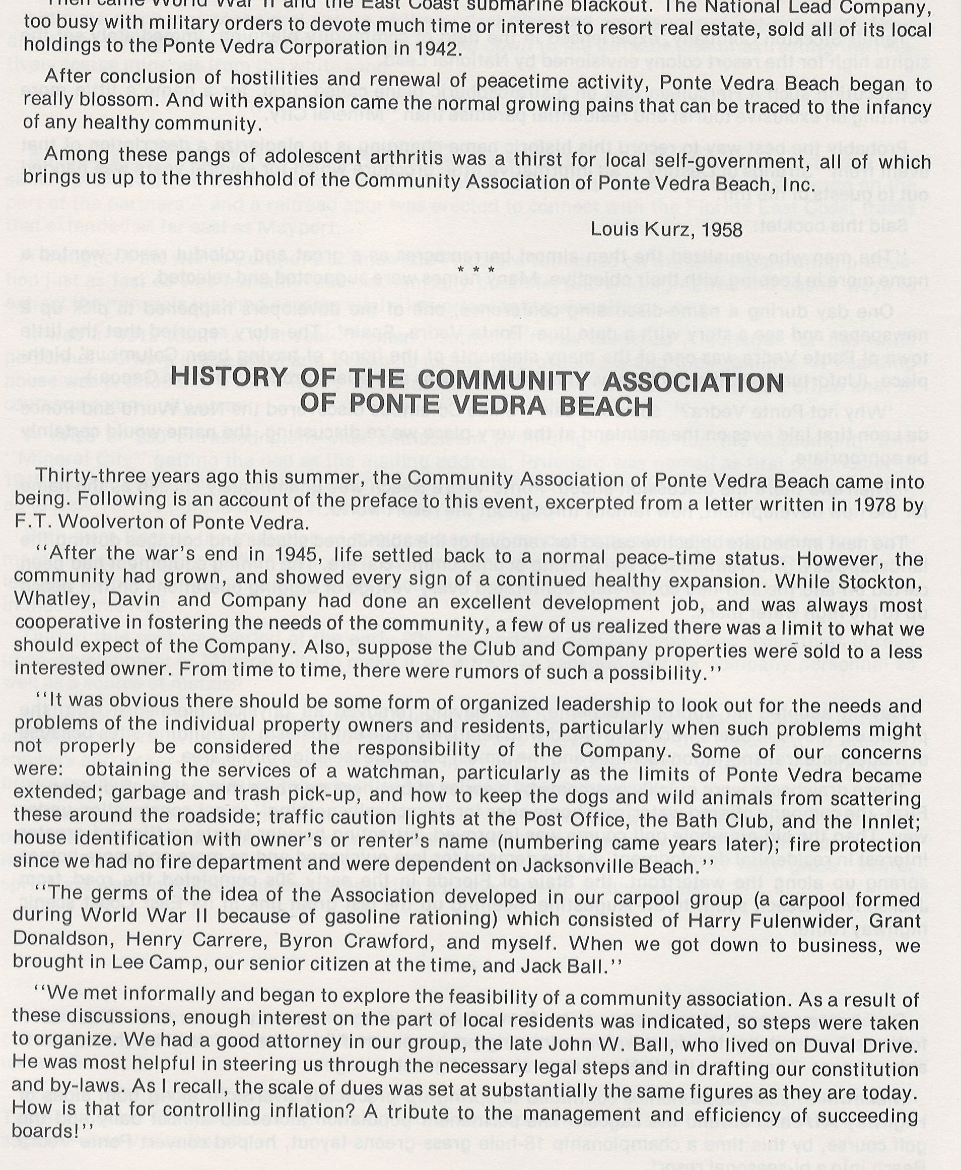 Excerpt from the history of the Ponte Vedra Beach Community Association.