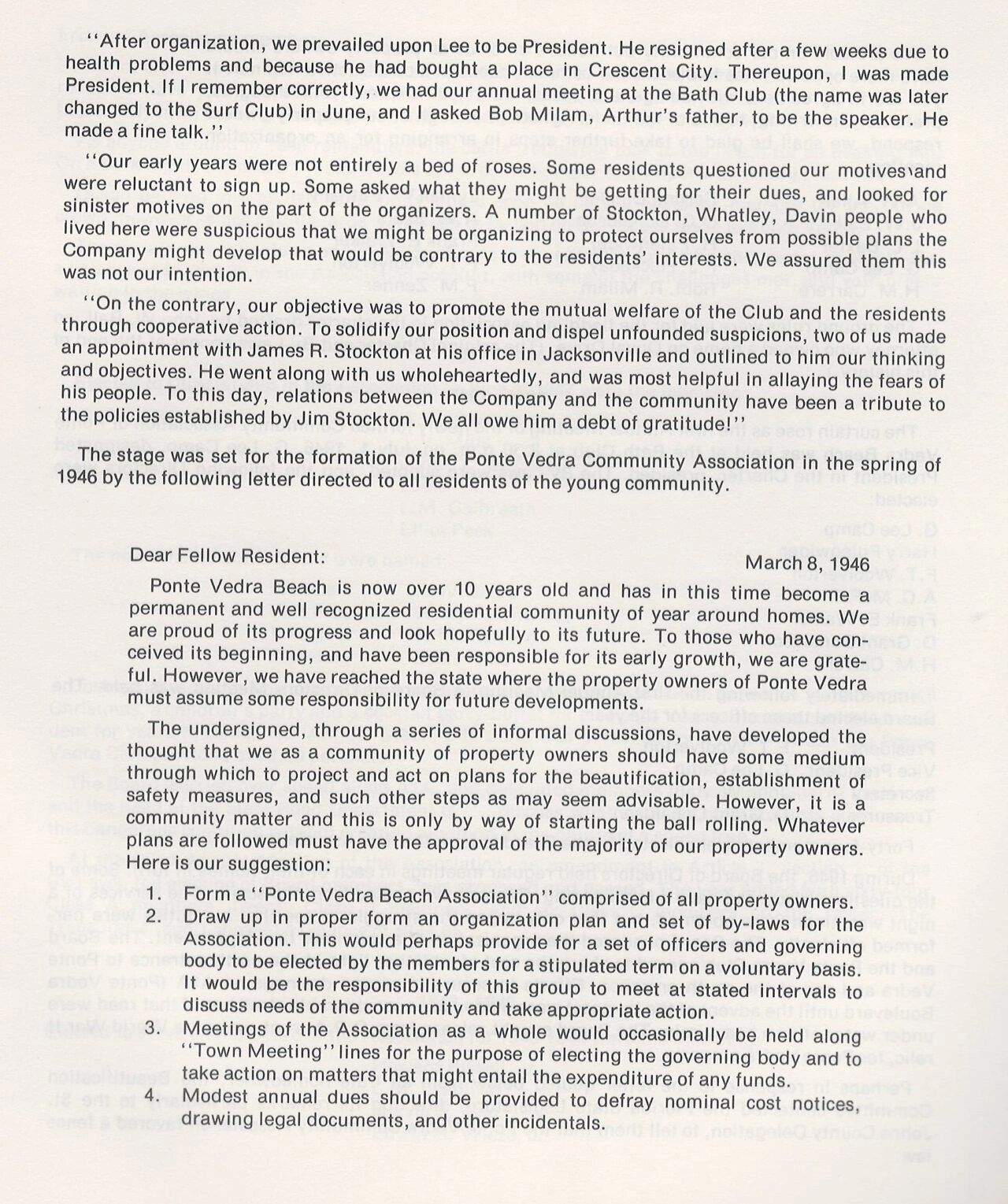 Letter detailing the early organization and formation of Ponte Vedra Community Association in 1946.