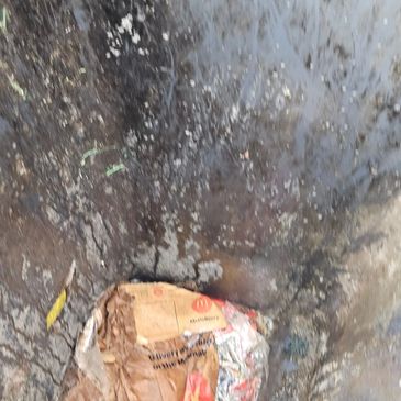 Dirty, wet street corner with discarded paper litter.