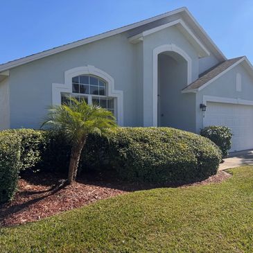 Single-story house with manicured lawn and palm trees under a clear blue sky.