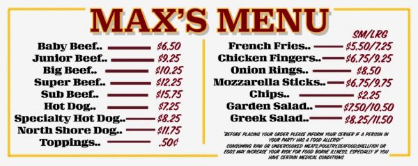 Max's menu featuring various beef options, sides, and salads.