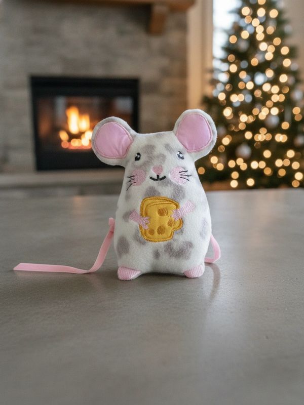 Cute stuffed mouse holding cheese in front of fireplace and decorated Christmas tree.