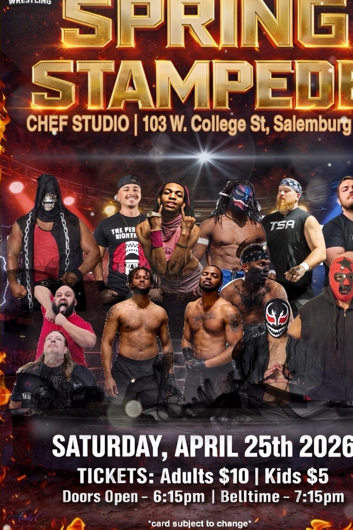 Wrestling event poster for Spring Stampede at Chef Studio, April 25, 2026.