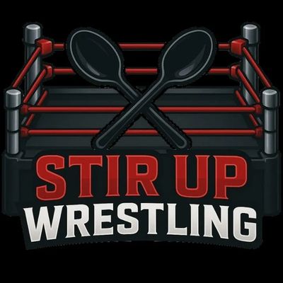 Logo of Stir Up Wrestling with crossed spoons and a wrestling ring.