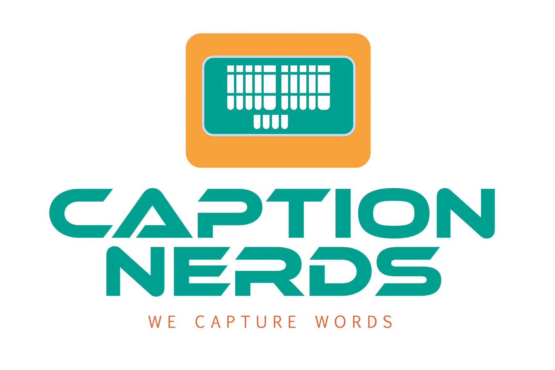 Image Description: Sci-fi inspired logo with a steno machine, text: Caption Nerds we capture words.