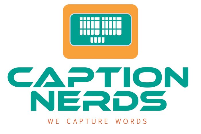 Captions Nerds logo including a comic themed font and steno machine keys.