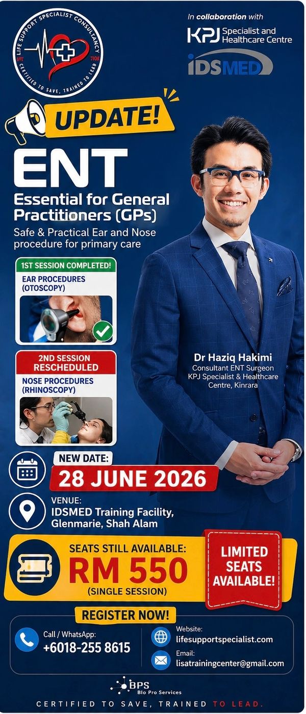 Advertisement for ENT training session by Dr. Haziq Hakimi on June 28, 2026, at IDSMED, Shah Alam.