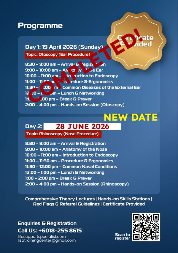 Cancelled medical training programme on Otoscopy and Rhinoscopy with new date announced for June 28, 2026.