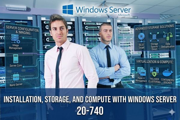 Two IT professionals in a server room with Windows Server 20-740 course info.