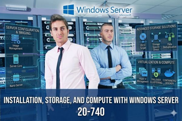 Two IT professionals in a server room with Windows Server 20-740 course info.
