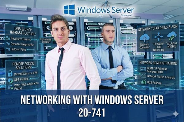 Two professionals stand confidently in a server room with Windows Server networking concepts displayed.