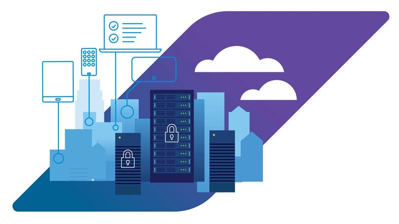 Illustration of secured data servers connected to devices with cloud technology.