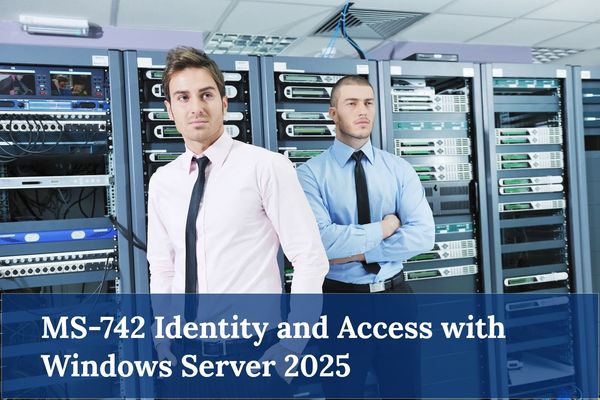Two IT professionals standing in a server room with Windows Server 2025 theme.