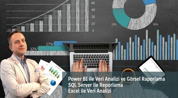 Man presenting data analysis with charts and laptop for Power BI and SQL Server training.