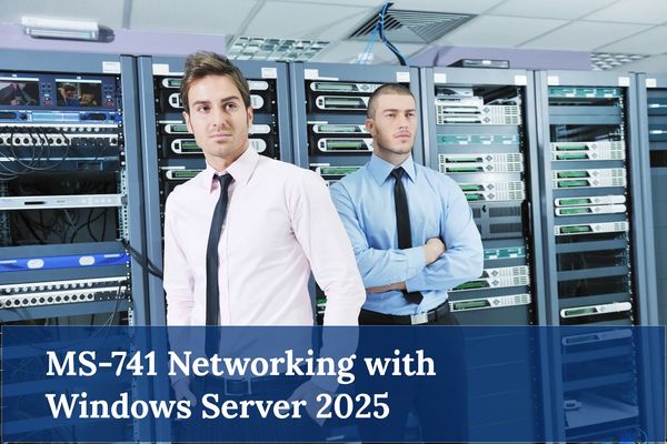 Two IT professionals standing in a server room with networking equipment.