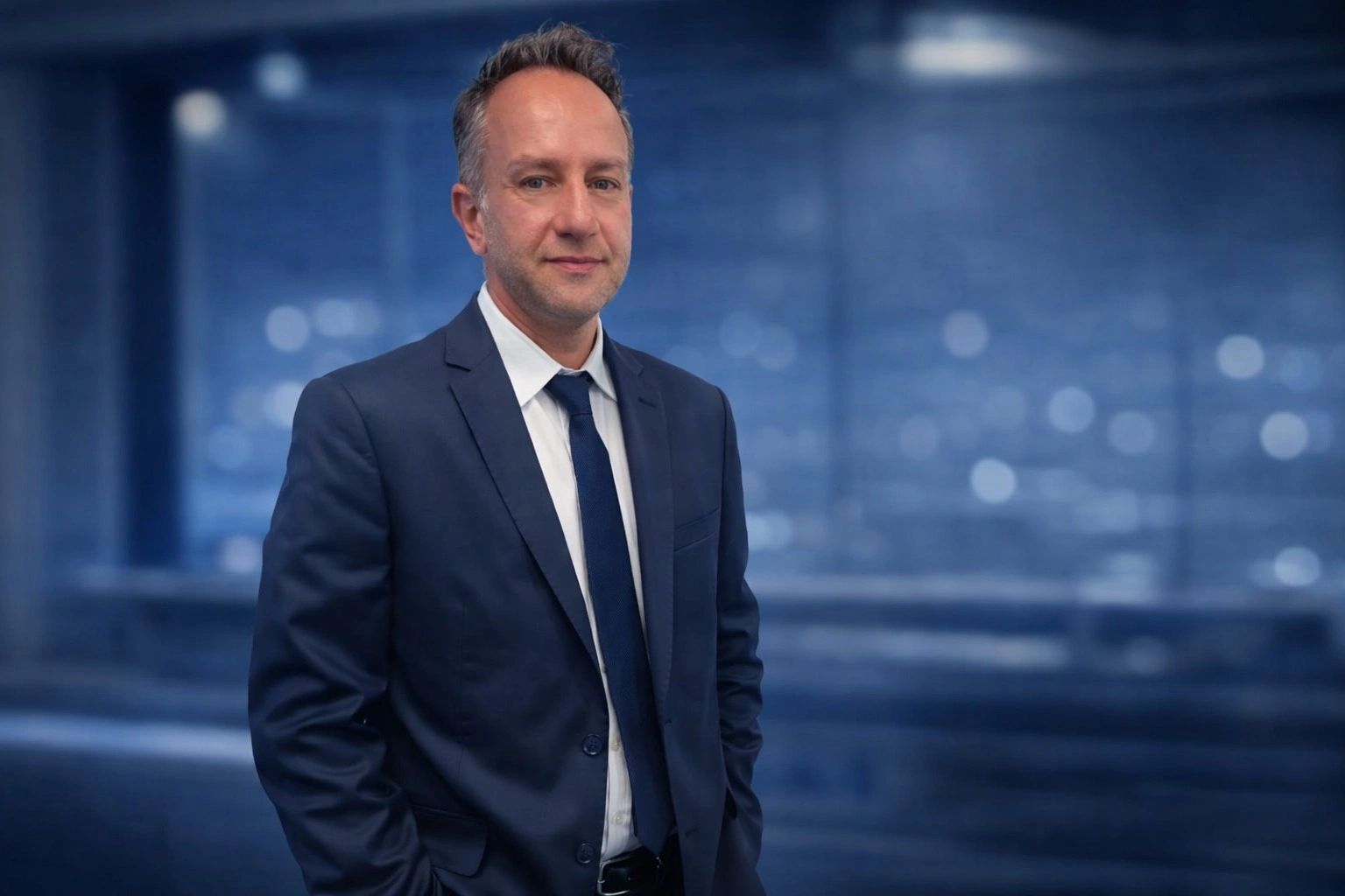 Confident businessman in a navy suit with a cityscape background.