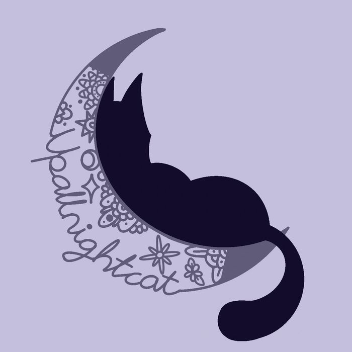 Black cat laying on a crescent moon with the upallnightcat text as the moon outline 