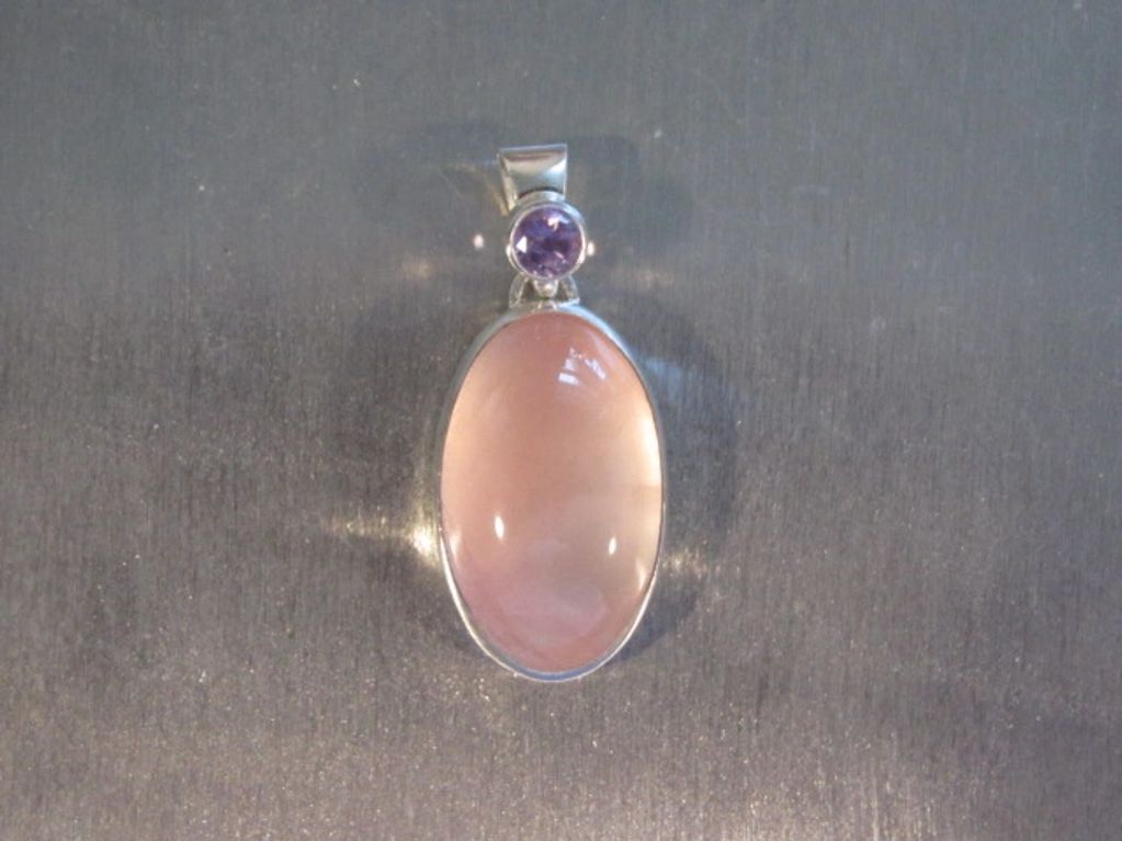 Pendant, Argentium Sterling Silver, Rose quartz cabochon, faceted amethyst
