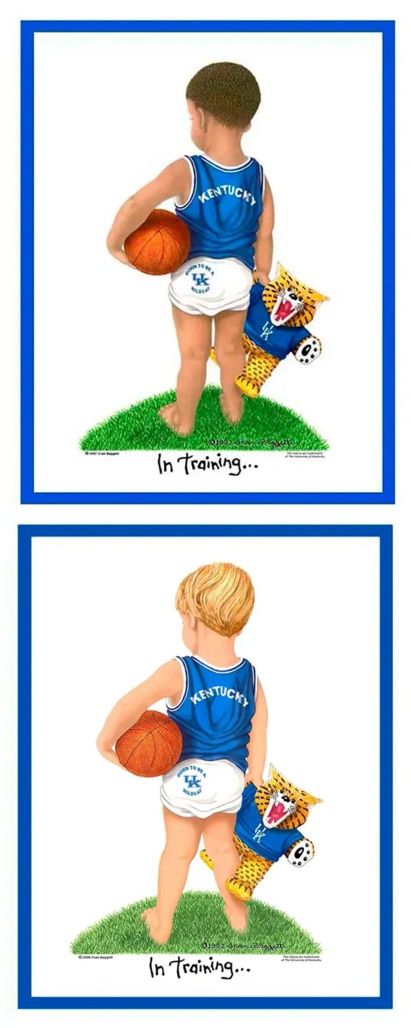 Two kids in Kentucky basketball uniforms holding a basketball and mascot toy.