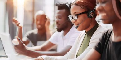 Customer service team working with headsets.