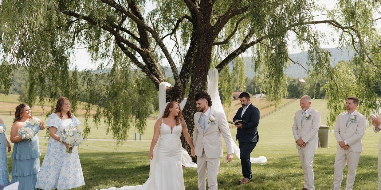 Couple holding hands during an outdoor wedding ceremony under a large tree.