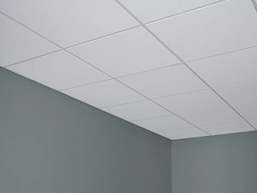 Office ceiling with white tiles and gray walls.