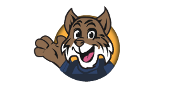Cheerful cartoon bobcat waving with a big smile and blue shirt.