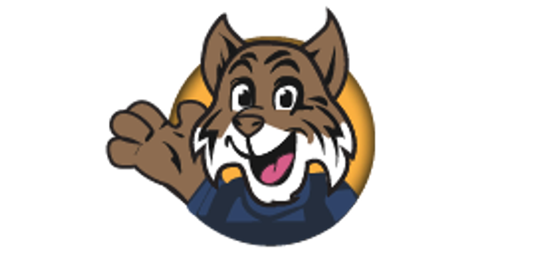 Cheerful cartoon bobcat waving with a big smile and blue shirt.