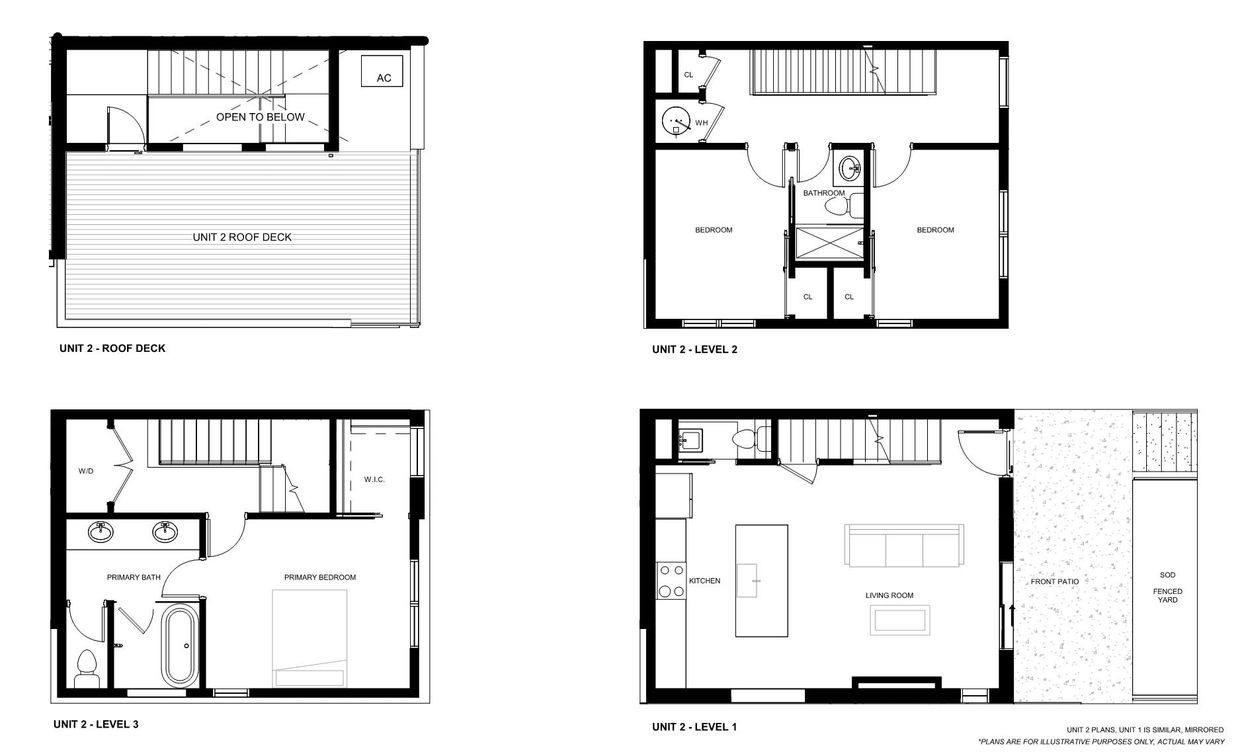 Four-level floor plan of a residential unit with roof deck, bedrooms, living room, and kitchen.