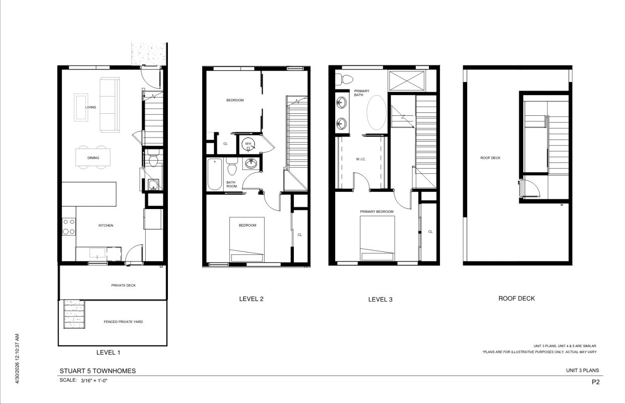 Floor plans of a three-level townhome with living, dining, bedrooms, baths, and a roof deck.