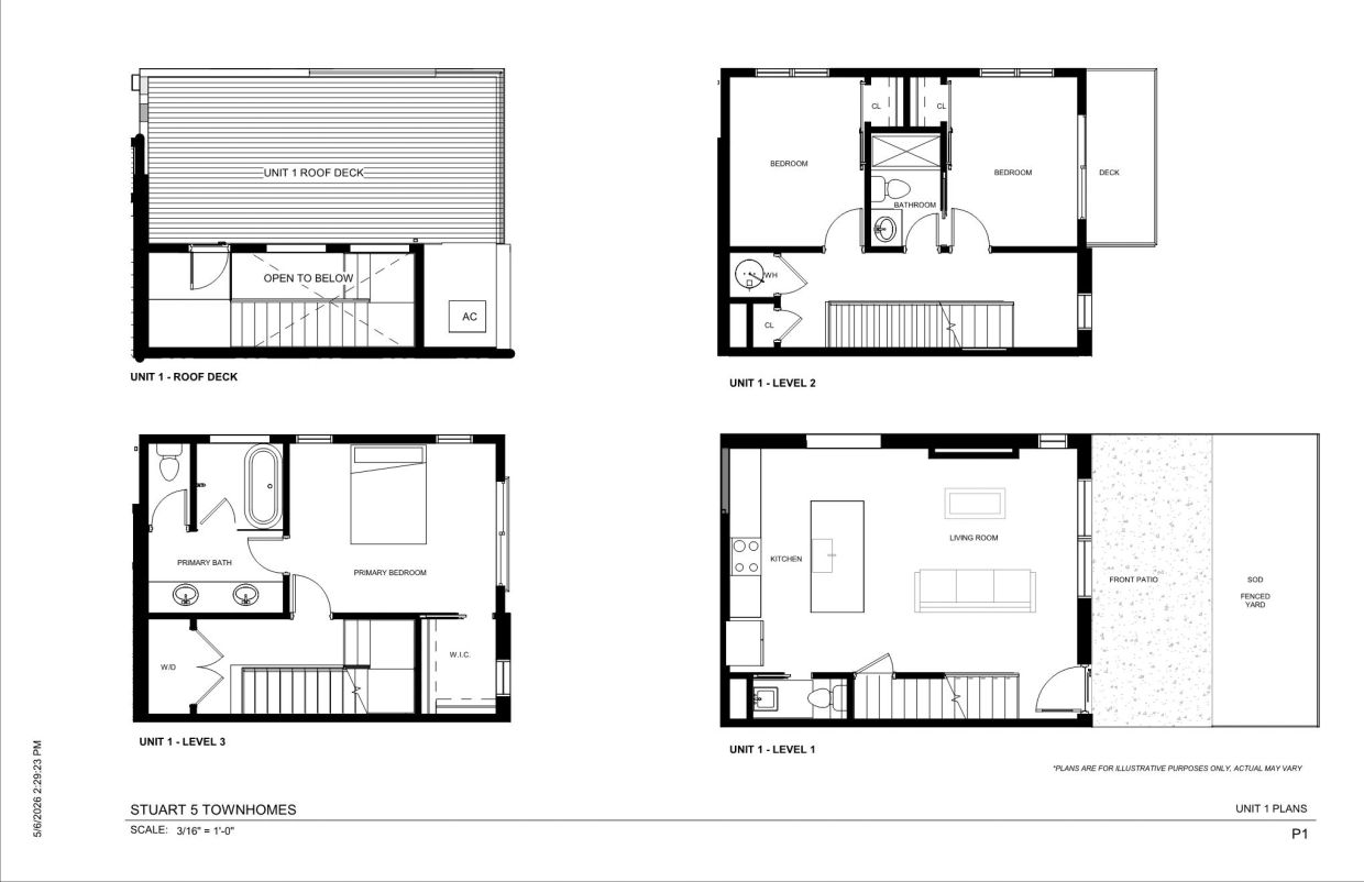 Architectural floor plans for a multi-level townhome unit showing roof deck, bedrooms, kitchen, and living areas.