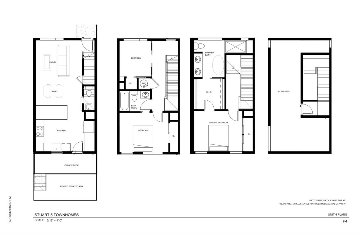 Four-level floor plan of Stuart 5 Townhomes with living, bedrooms, bathrooms, and roof deck.