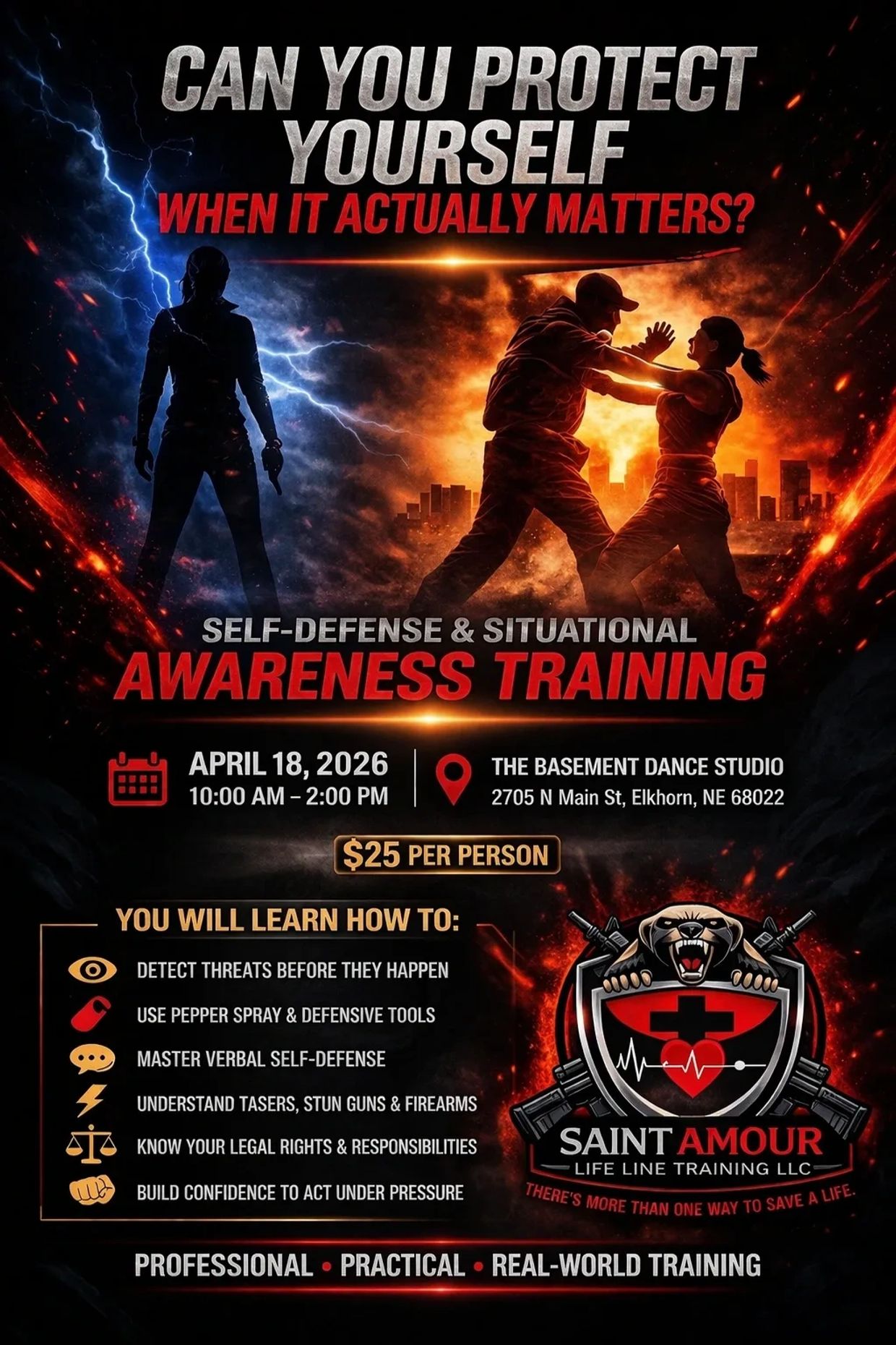 Self-defense and situational awareness training on April 18, 2026, at The Basement Dance Studio.