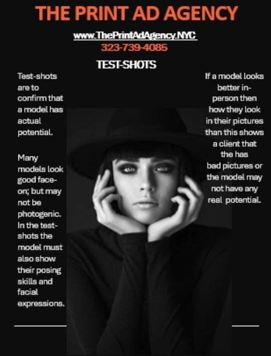 Print ad agency black and white model test-shots guidance.