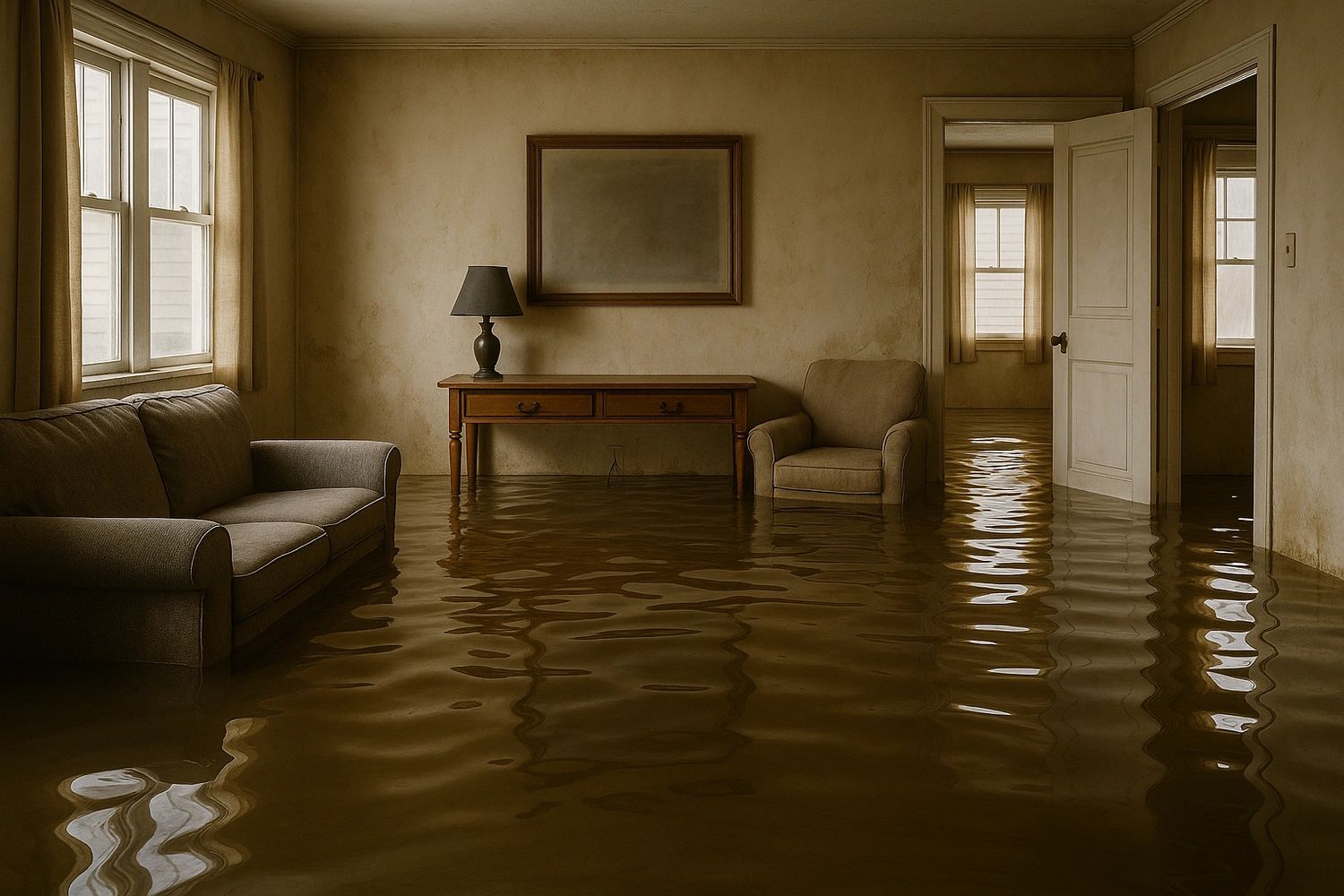 Living room flooded with water reaching furniture bases.