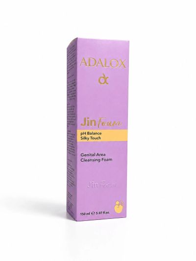Adalox Jin Face Genital Area Cleansing Foam in purple packaging.