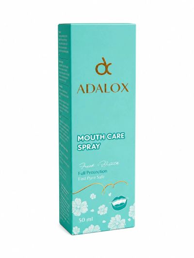 Adalox mouth care spray in turquoise packaging with floral design.