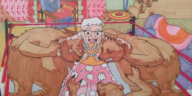 Grandma wrestles 3 bears in a wrestling ring in her living room.