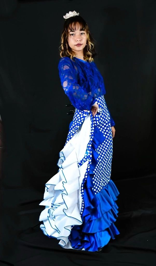 El Greco” Gorgeous royal blue polka dot Bata with satin outer ruffles and  white under ruffles.