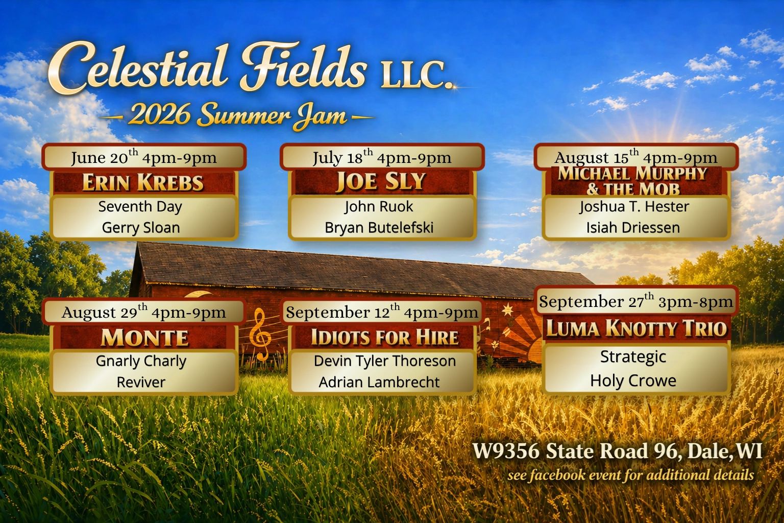 Celestial Fields LLC 2026 Summer Jam lineup with dates and performers on a sunny field background.