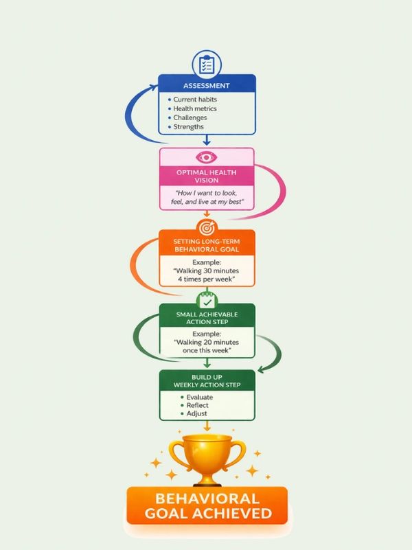Flowchart illustrating steps to achieve behavioral goals through assessment, vision, goal setting, and action.