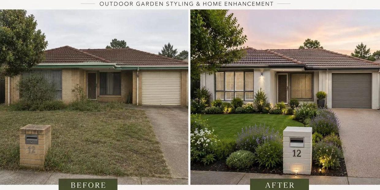Before and after images of a home's exterior makeover with lush garden and modern updates.