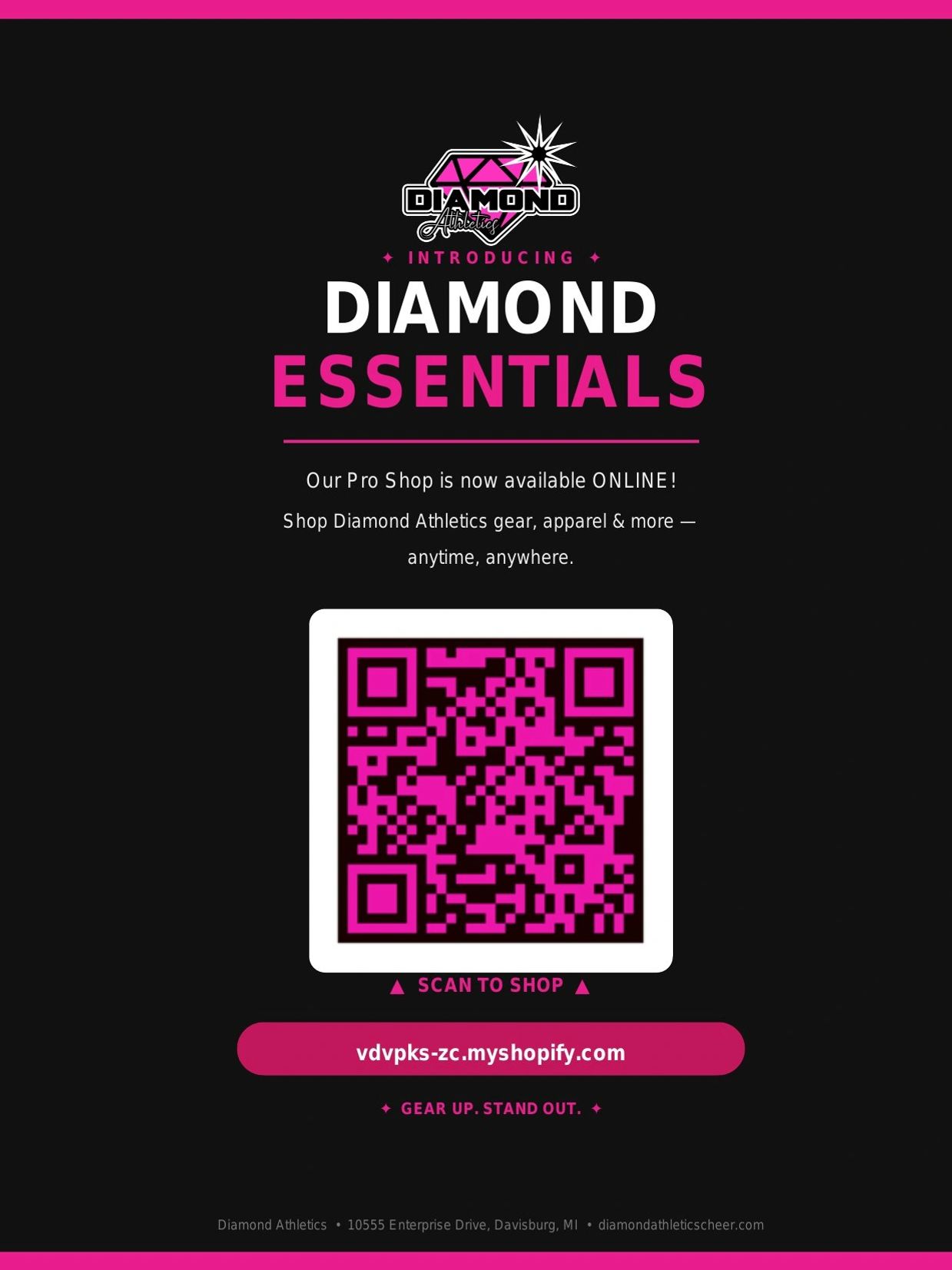 Announcement for Diamond Essentials online shop with QR code.