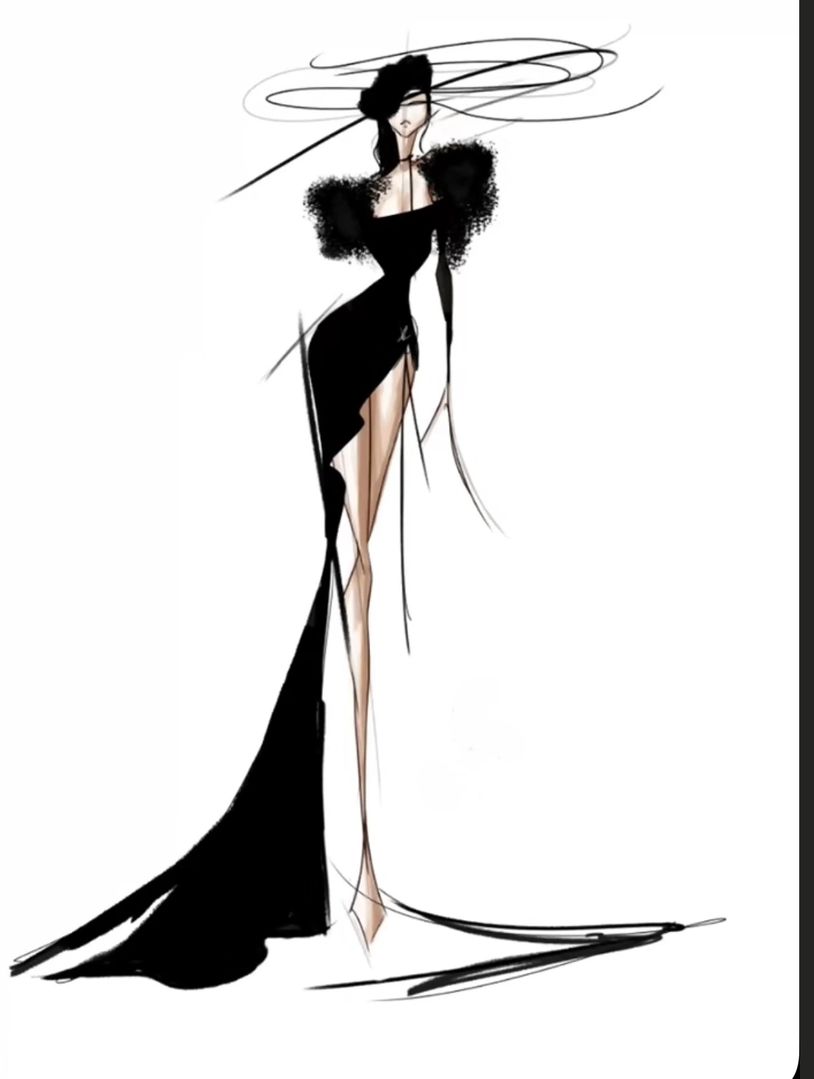 Elegant fashion sketch of a woman in a dramatic black gown with puffed sleeves and a wide hat.