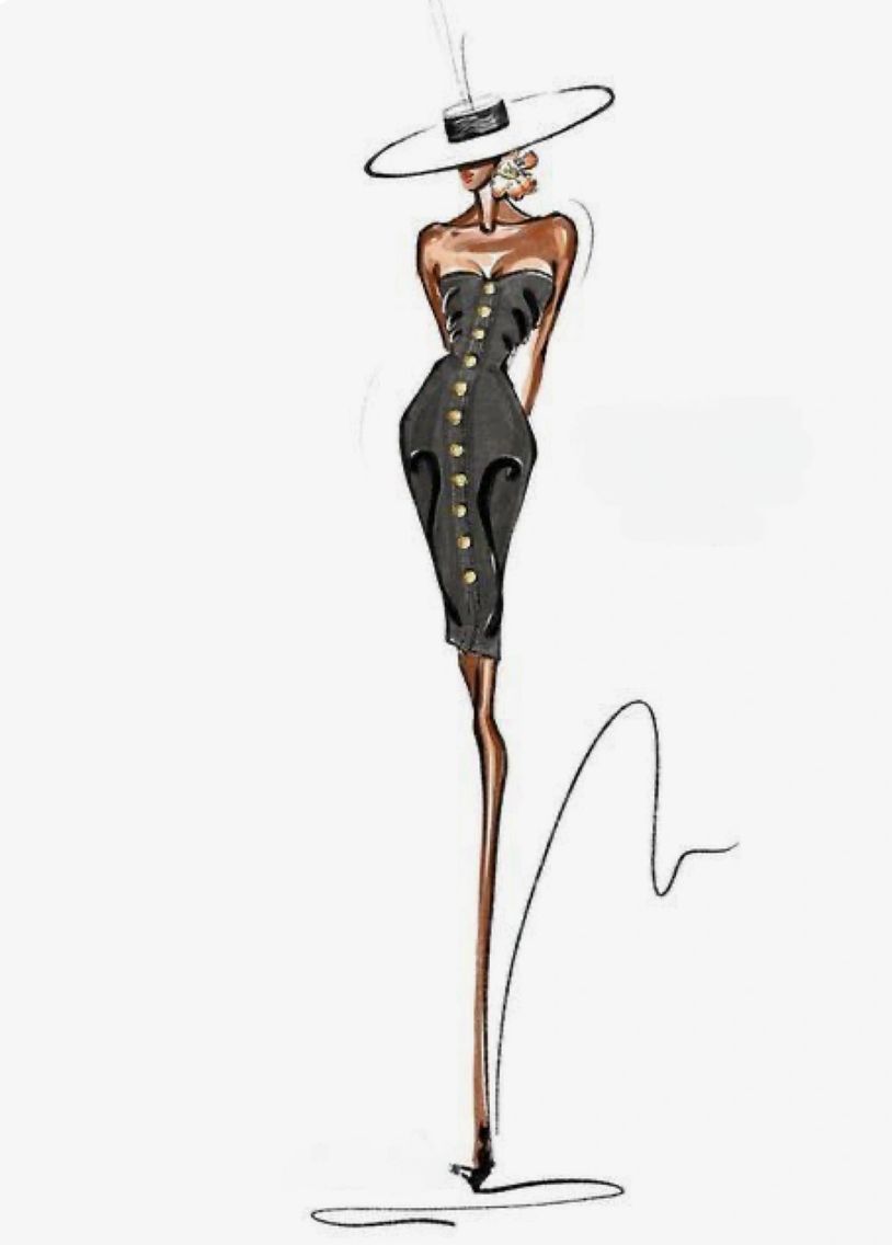 Stylish fashion illustration of a woman in a black dress and wide-brimmed hat.